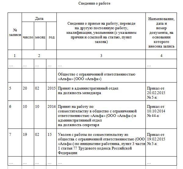 Перевод на основное место работы с совместительства. Увольнение по совместительству запись в трудовой книжке. Как внести запись в трудовую по совместительству. Как сделать запись о внутреннем совместительстве в трудовой книжке. Заполнение трудовой книжки по совместительству.