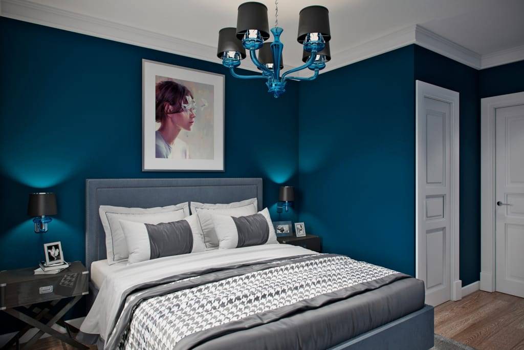 Синяя спальня в разных стилях: сочетание цветов, мебель, освещение