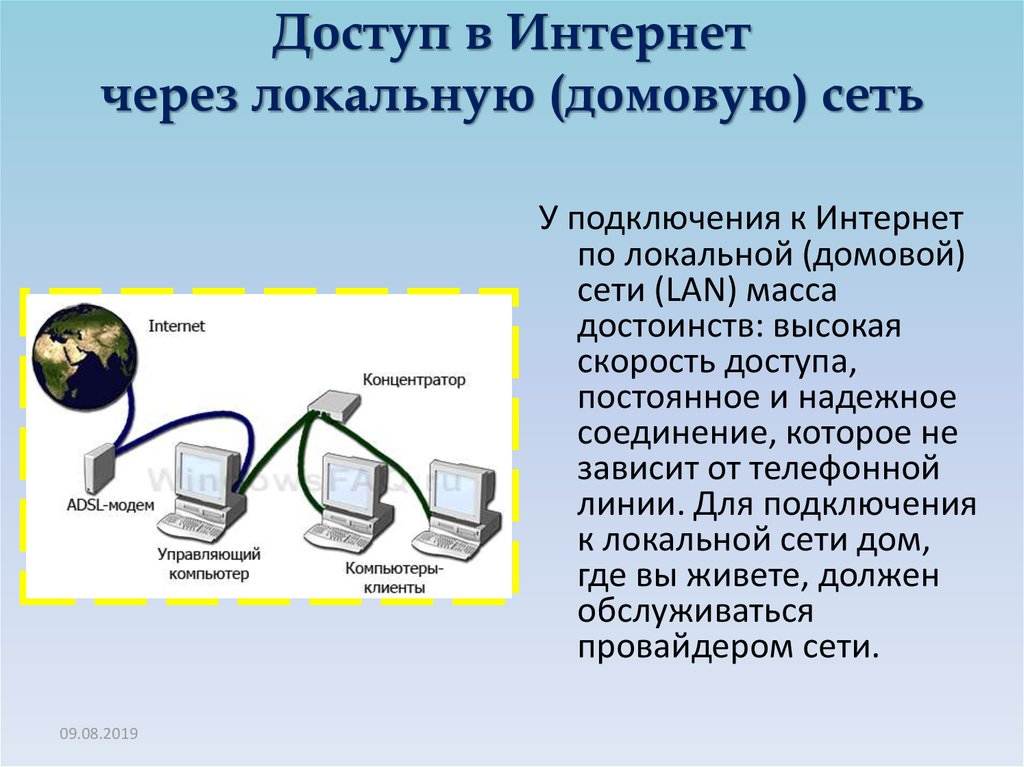 Подключение к интернету. Схема доступа в интернет. Доступ в интернет по локальной сети. Доступ в интернет через локальную (домовую) сеть. Подключение локальной сети к интернету.