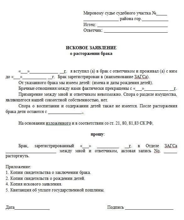 Подать на развод через суд образец заявления