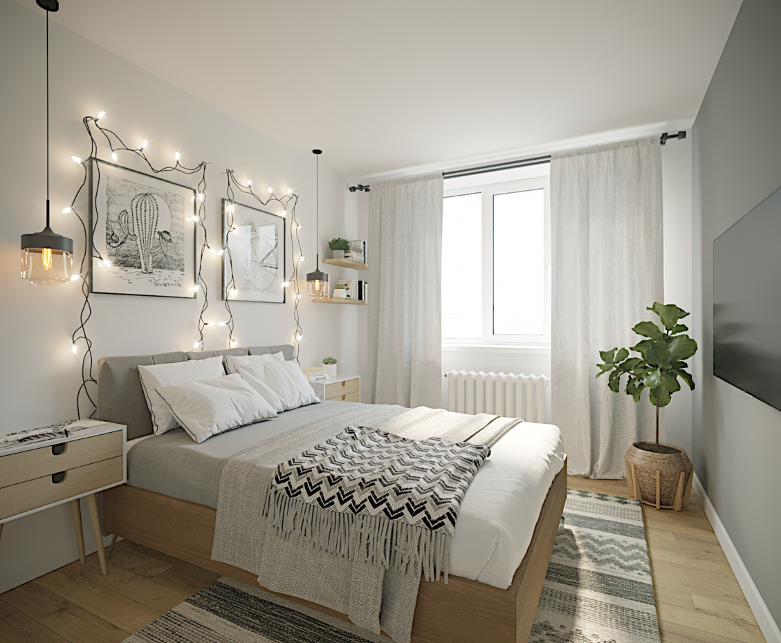 Спальня в скандинавском стиле в квартире: дизайн интерьера маленькой, густавианские обои и шторы