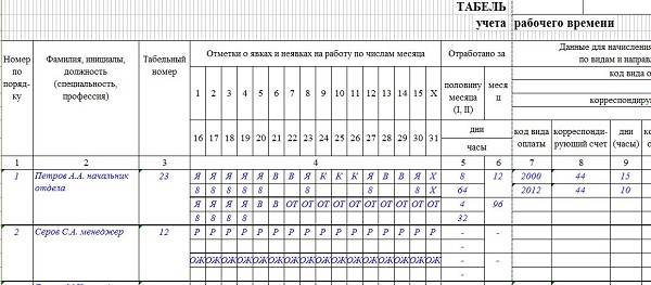 Табель с отпуском образец