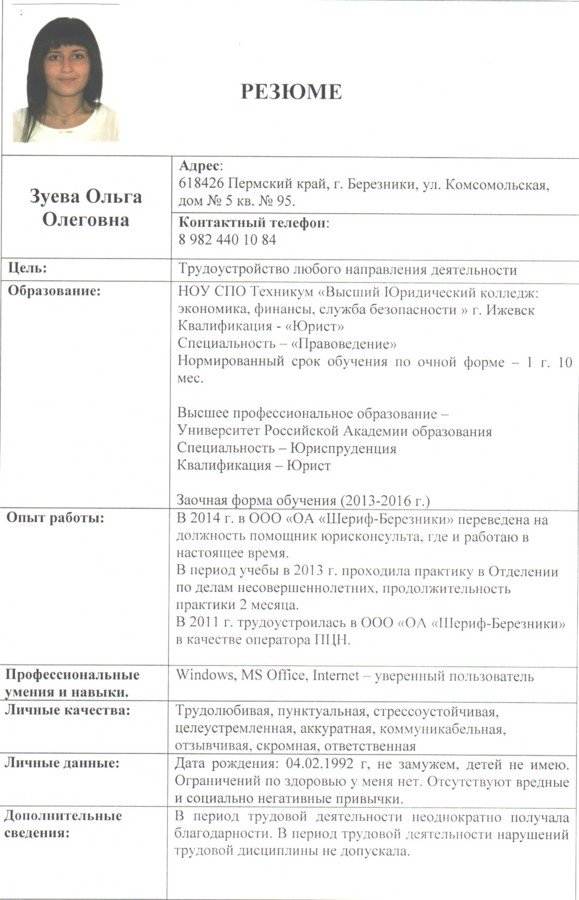 План написания резюме для устройства на работу образец