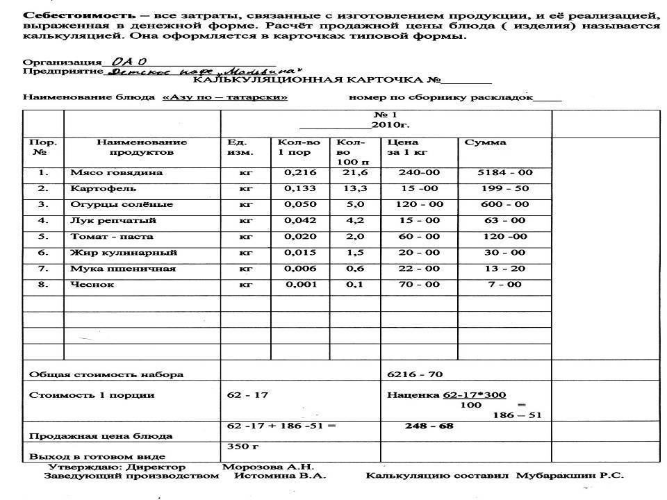 Калькуляция блюд образец на 1 порцию