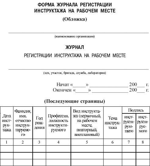 Образец форма журнала регистрации инструктажа на рабочем месте образец