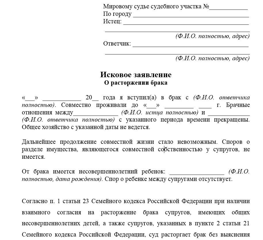 Образец заявления о разводе в суд в одностороннем порядке