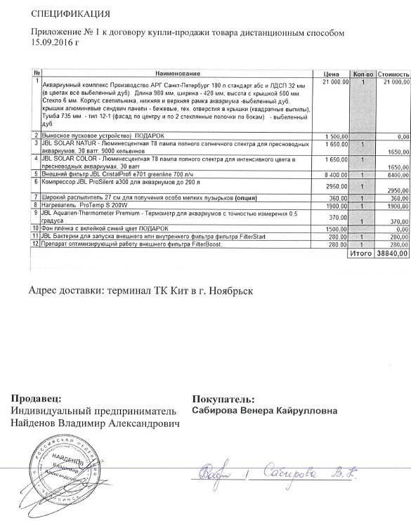 Спецификация товара к договору поставки товара образец