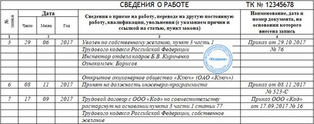 Запись в трудовую книжку по совместительству: образец