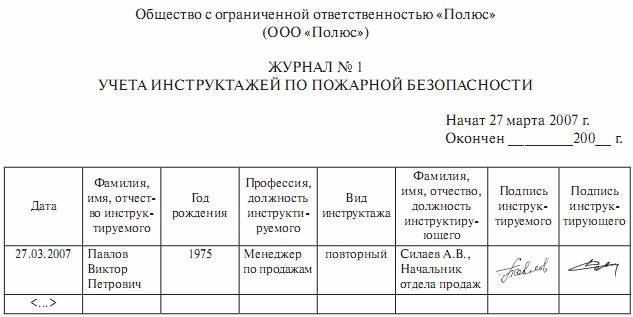 Журнал учета пожарной безопасности образец