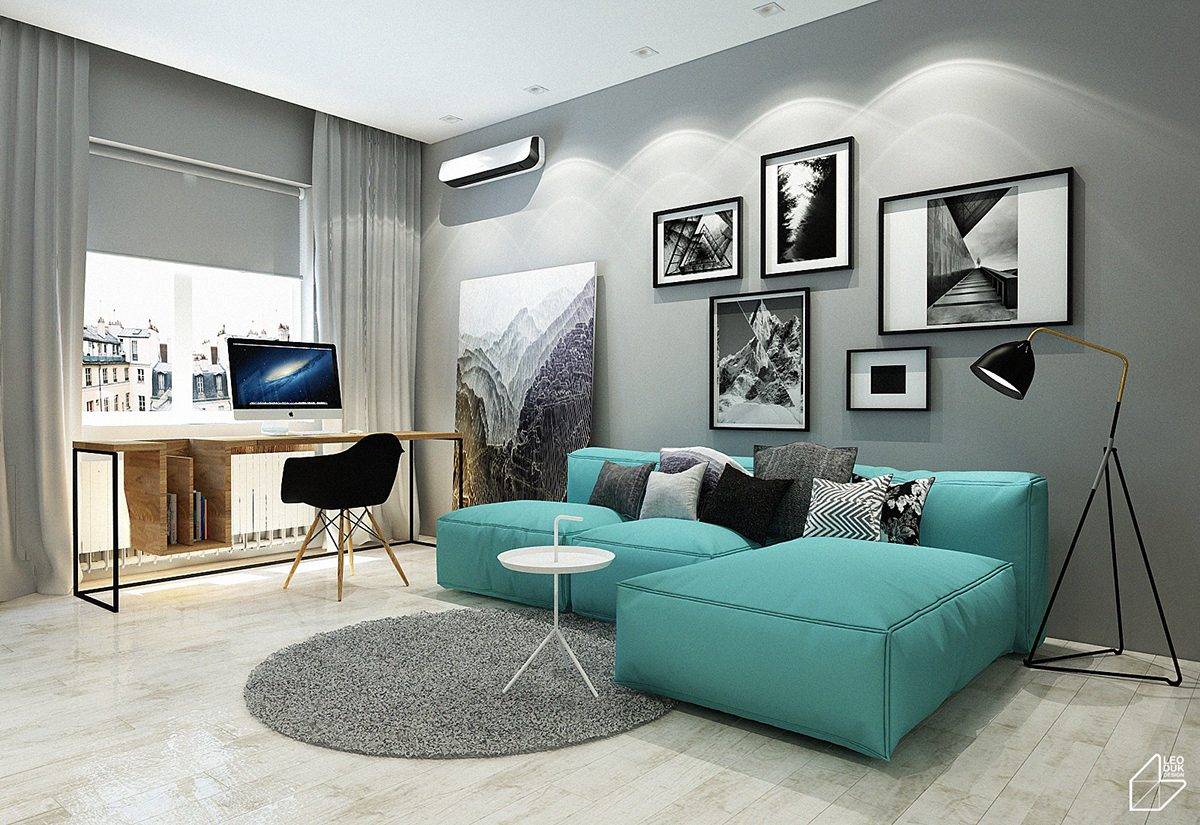 Сочетание серого цвета с другими цветами в интерьере: синим, белым, фиолетовым, коричневым и зеленым, яркие акценты в гостиной - 42 фото