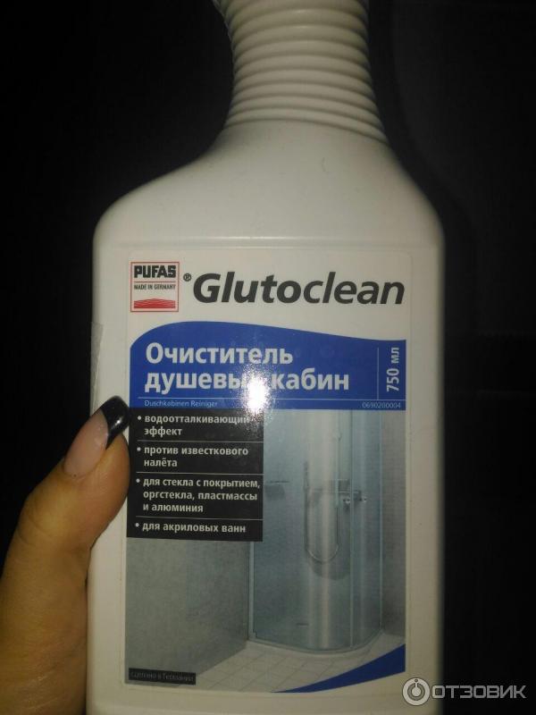 Чем отмыть мыльный налет в кабине. Очиститель душевых кабин Glutoclean. Pufas Glutoclean известкового налета. Средства для душевой кабины от известкового налета. Средство для чистки стеклянных душевых кабин.