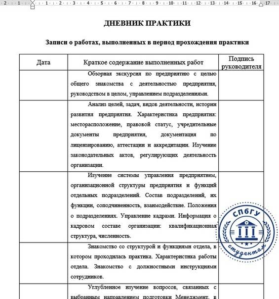 Образец заполнения дневника производственной практики