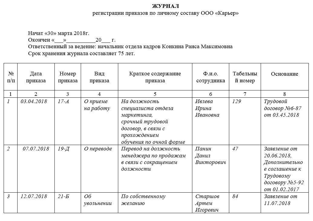 Книга учета приказов по кадрам образец