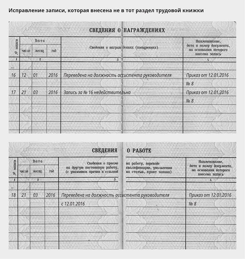 Запись об отмене записи в трудовой книжке образец