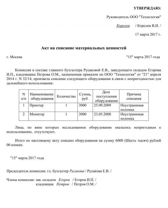 Акт непригодности имущества для дальнейшего использования образец