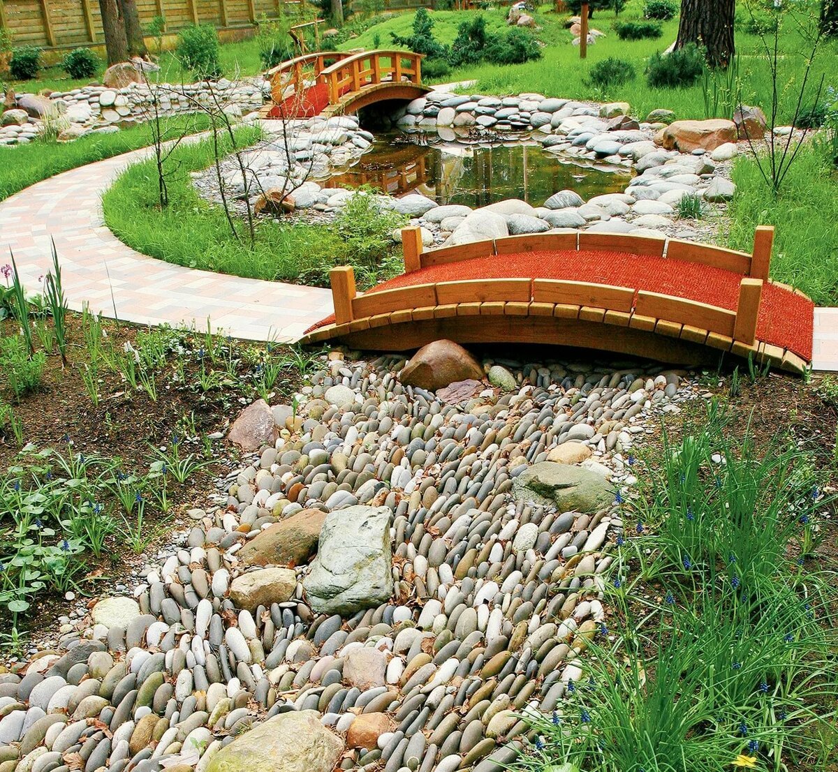 Сухой ручей в ландшафтном дизайне: как сделать декоративный мостик через сухой ручей в саду
пошагово
 - 27 фото